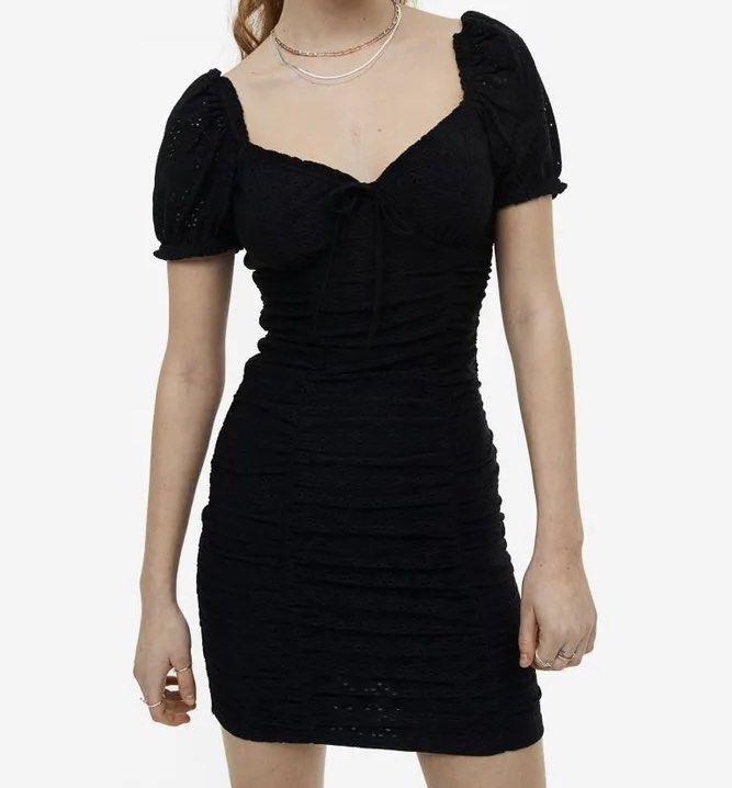 Ladies - Black Gathered Eyelet Embroidery Dress - Size: Xs - H&M