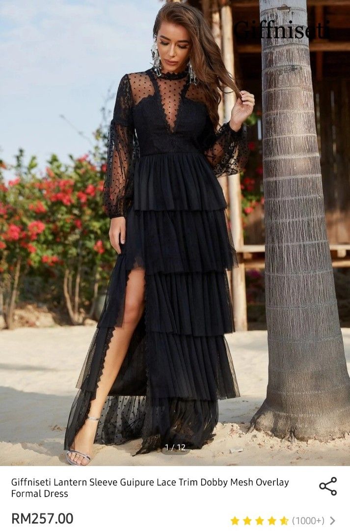 Lace and Mesh Overlay Evening Gown