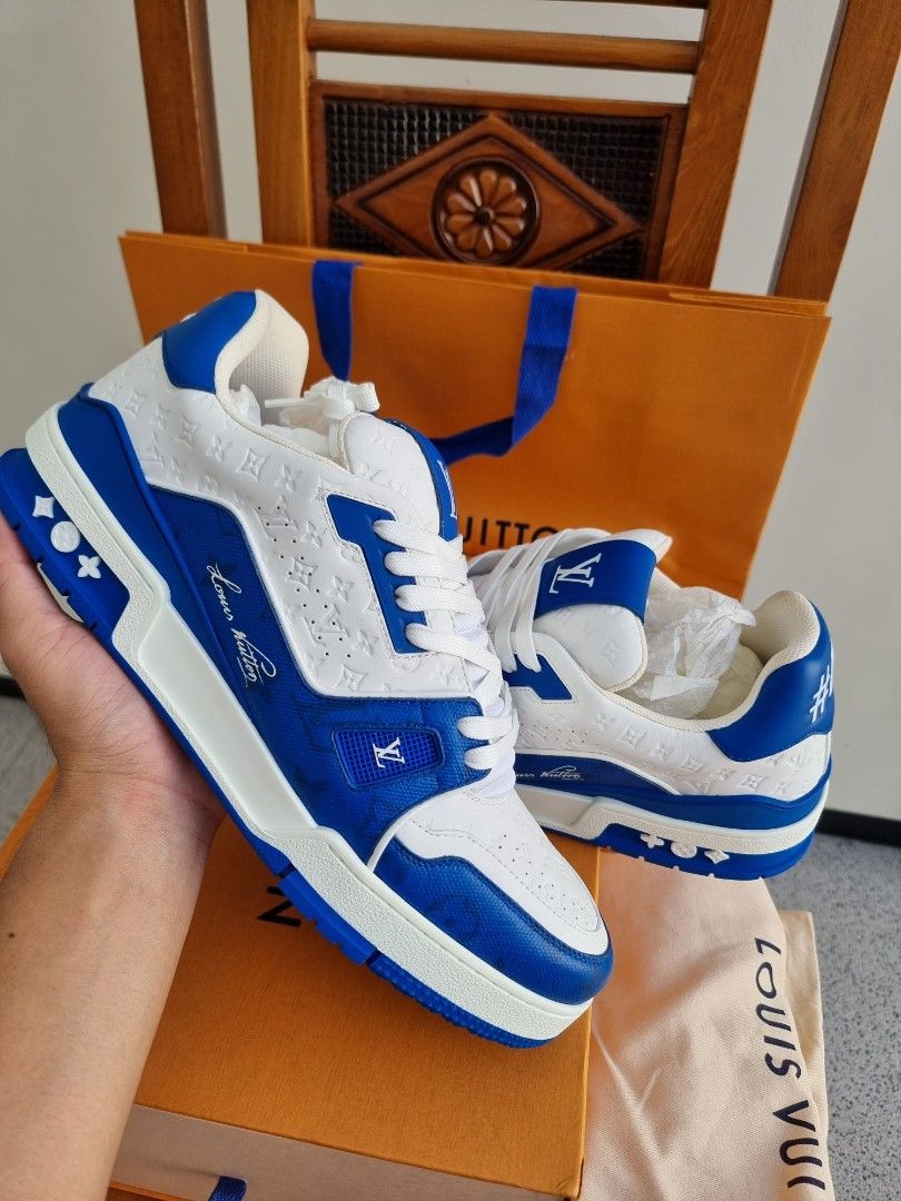 Louis Vuitton Trainer White Blue Sole 2021, Fesyen Pria, Sepatu , Sneakers  di Carousell