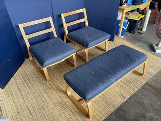Muji Bench & Chairs Set 44”L x 16”W x 15”H (bench) 30”L x 30”W x 16”SH (chairs)  Solid wood Washable fabric seat In good condition’s