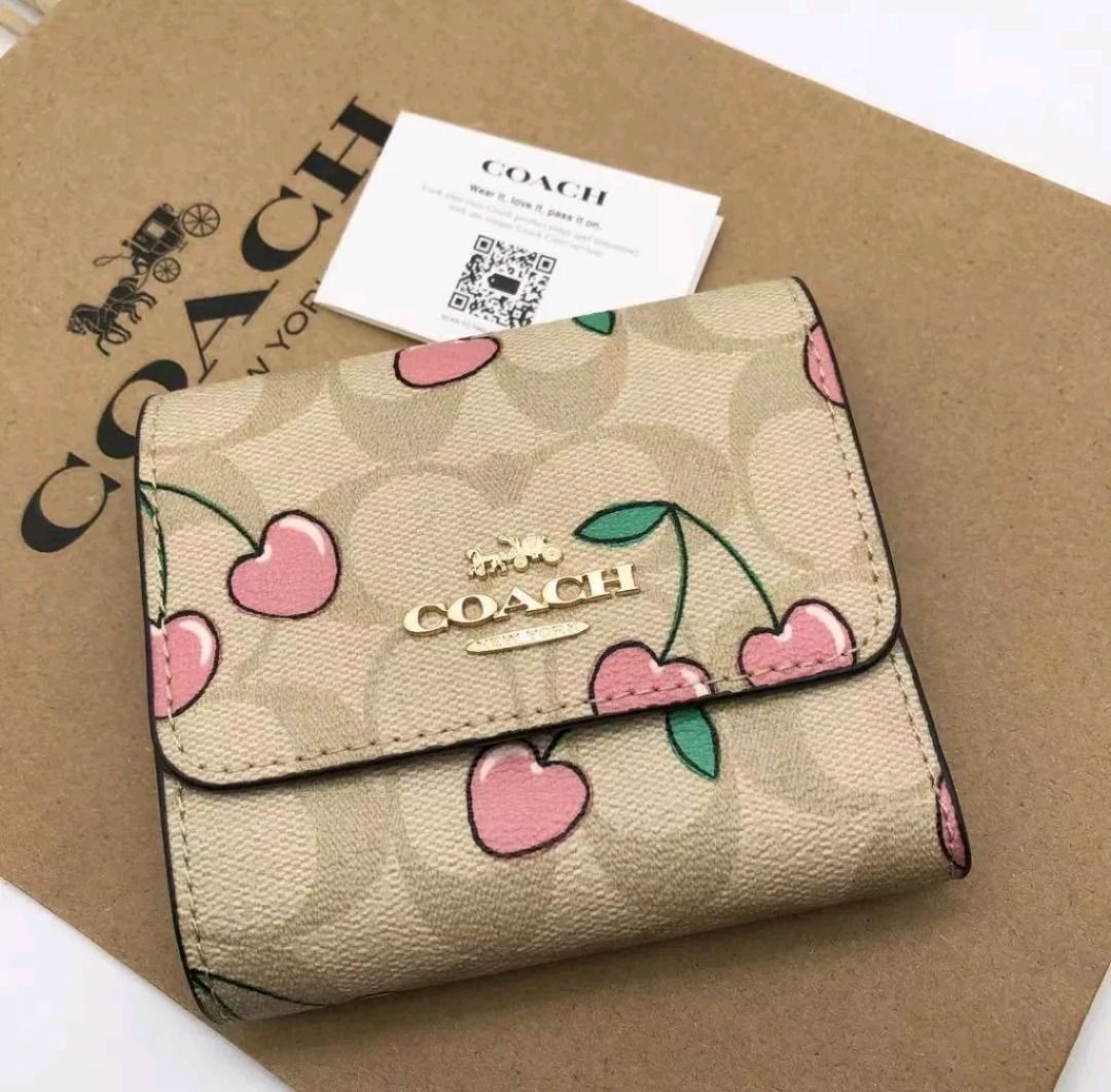 Coach, Bags, Coach Small Trifold Wallet In Signature Canvas With Heart  Cherry Print