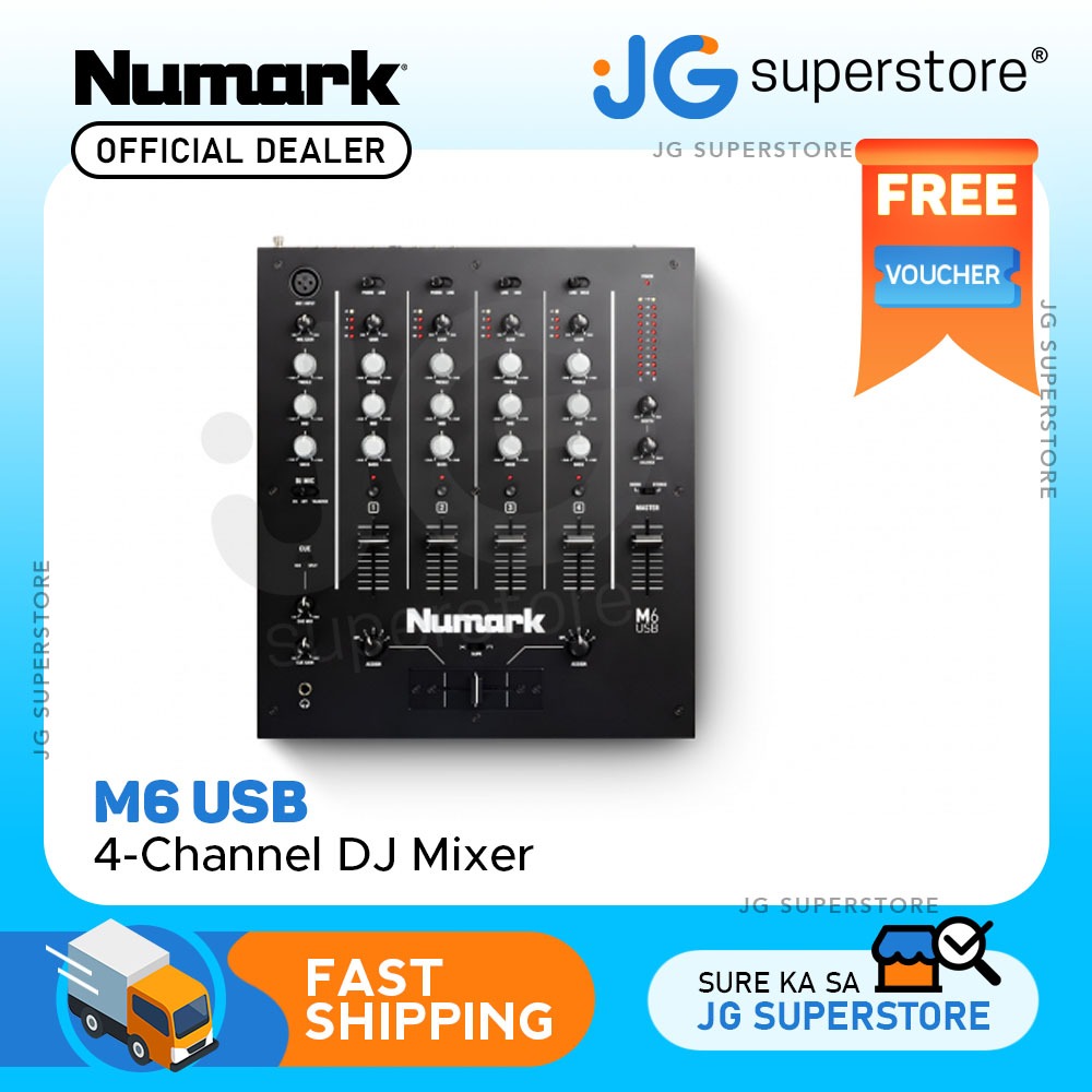 Numark M6 USB 4Channel DJ Mixer with BuiltIn Audio Interface, 3Band Microphone Input with