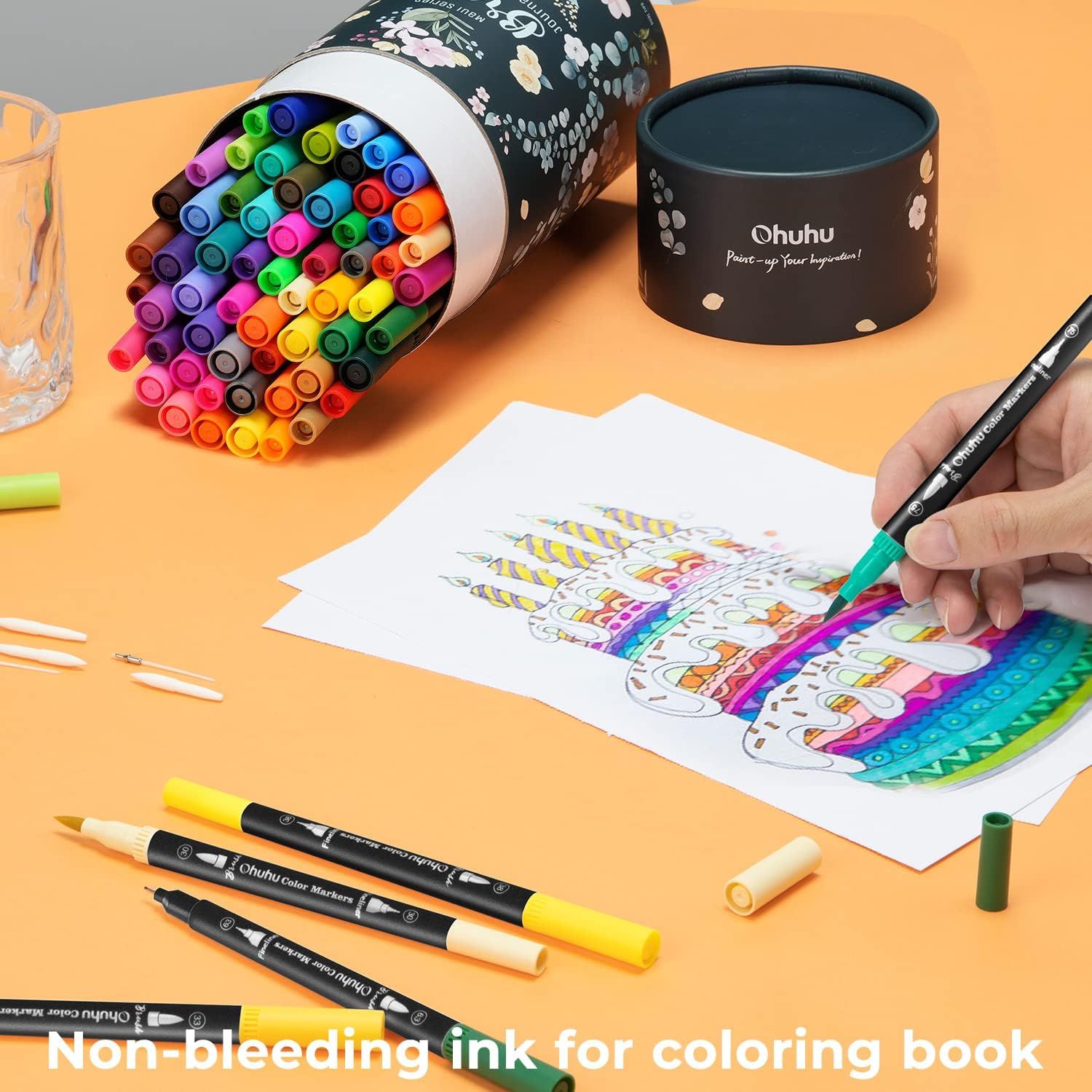 Ohuhu Markers for Adult Coloring Books 60 Colors Dual Brush Fine Tips
