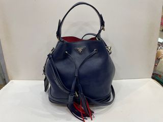 PRADA BLUE CALF DRAW STRING BUCKET BAG