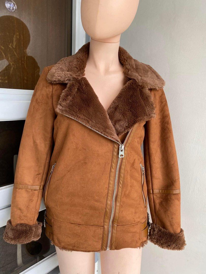 SOLD) Pull & Bear Shearling Jacket, Camel brown suede jacket