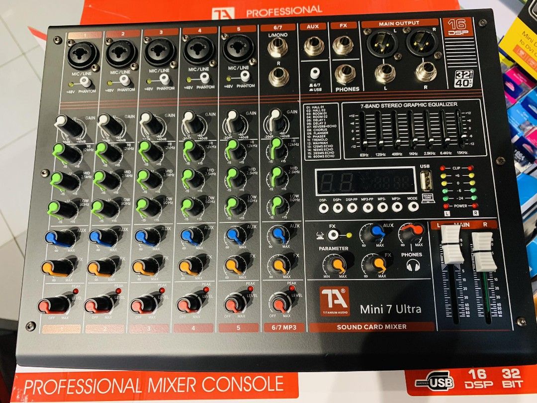 💯Titanium Mini7 Ultra 32Bit 7 Channel Mixing Console 16 DSP Effects Processor (Category: Soundbars, Speakers & Amplifiers) located in Makati City. Submitted by techubstoreandaccessories (Listing ID 1242529093, Image 3). Description: Titanium Mini7 Ultra 32Bit 7 Channel Mixing Console 16 DSP Effects Processor Onhand ready to ship‼️‼️ ✅BRANDNEW ORIGINAL & SEALED ✅ACTUAL PICTURE POSTED ✅ACCEPT WALK IN/PICK UP CLIENT 📍Location: Evangelista St. Maka