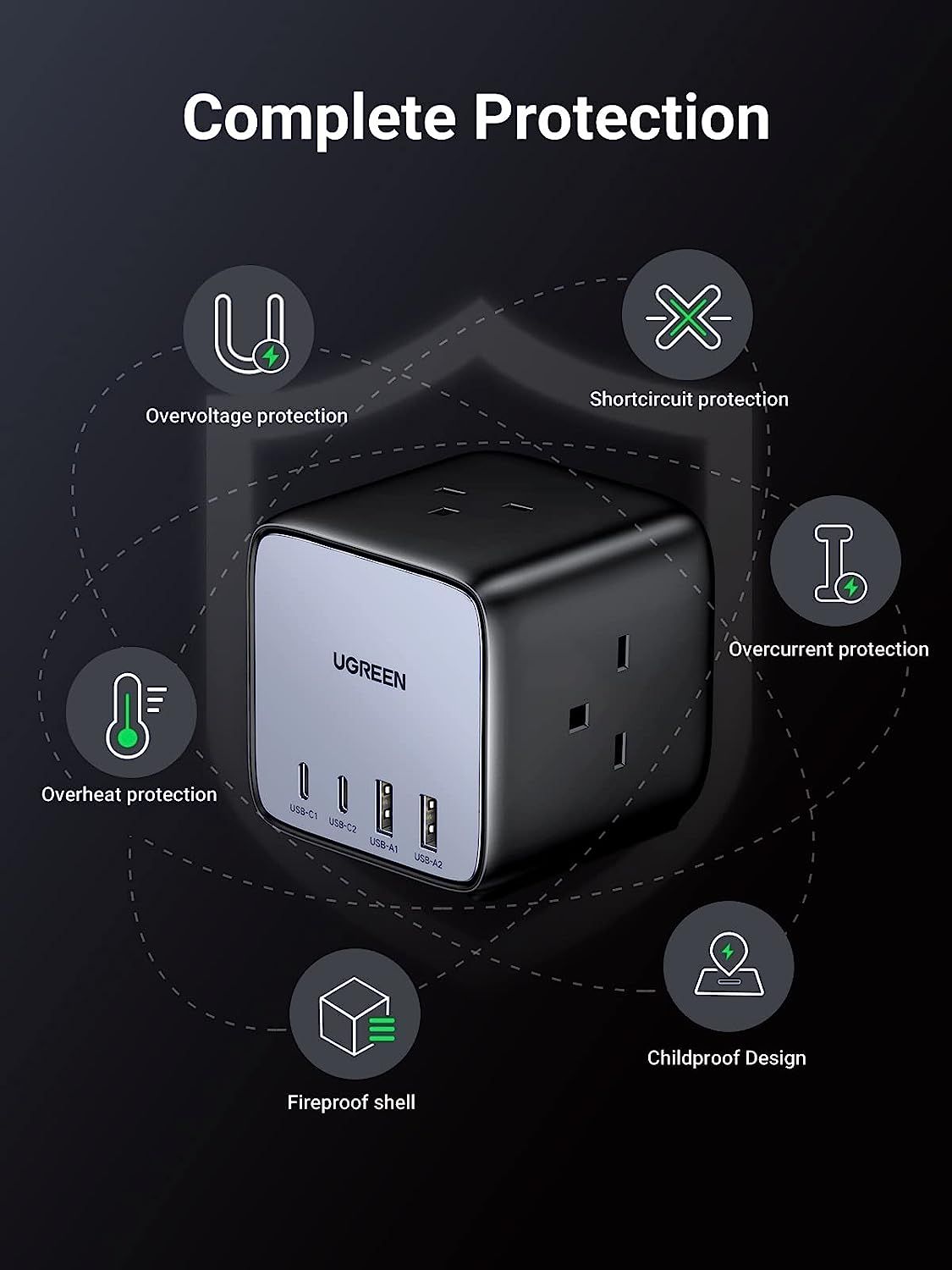 UGREEN 65W Power Strip DigiNest Cube GaN Extension Lead with USB C Slots, 7in1 Power Strip