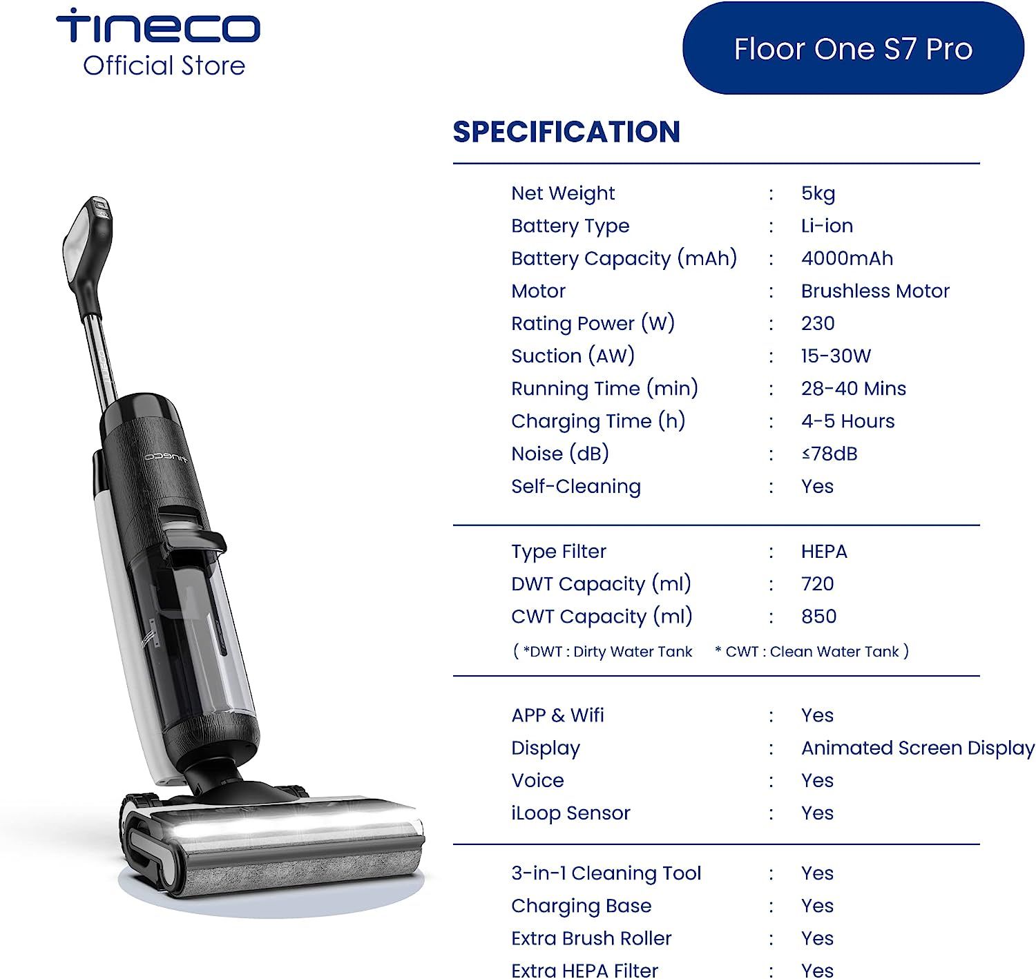 Tineco Floor ONE S7 PRO Smart Cordless Floor Cleaner, Wet Dry Vacuum  Cleaner & Mop for Hard Floors, LCD Display, Long Run Time, Great for Sticky