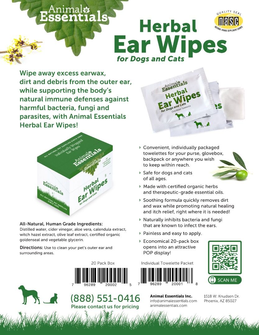 Animal Essentials Herbal Ear Wipes (20 Wipes) Ear Care Support