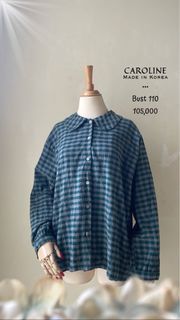 atasan top kemeja lengan panjang flanel wanita cewek korea collar motif kotak hijau abu lucu hijaber vintage unik keren murah preloved second thrift bigsize jumbo