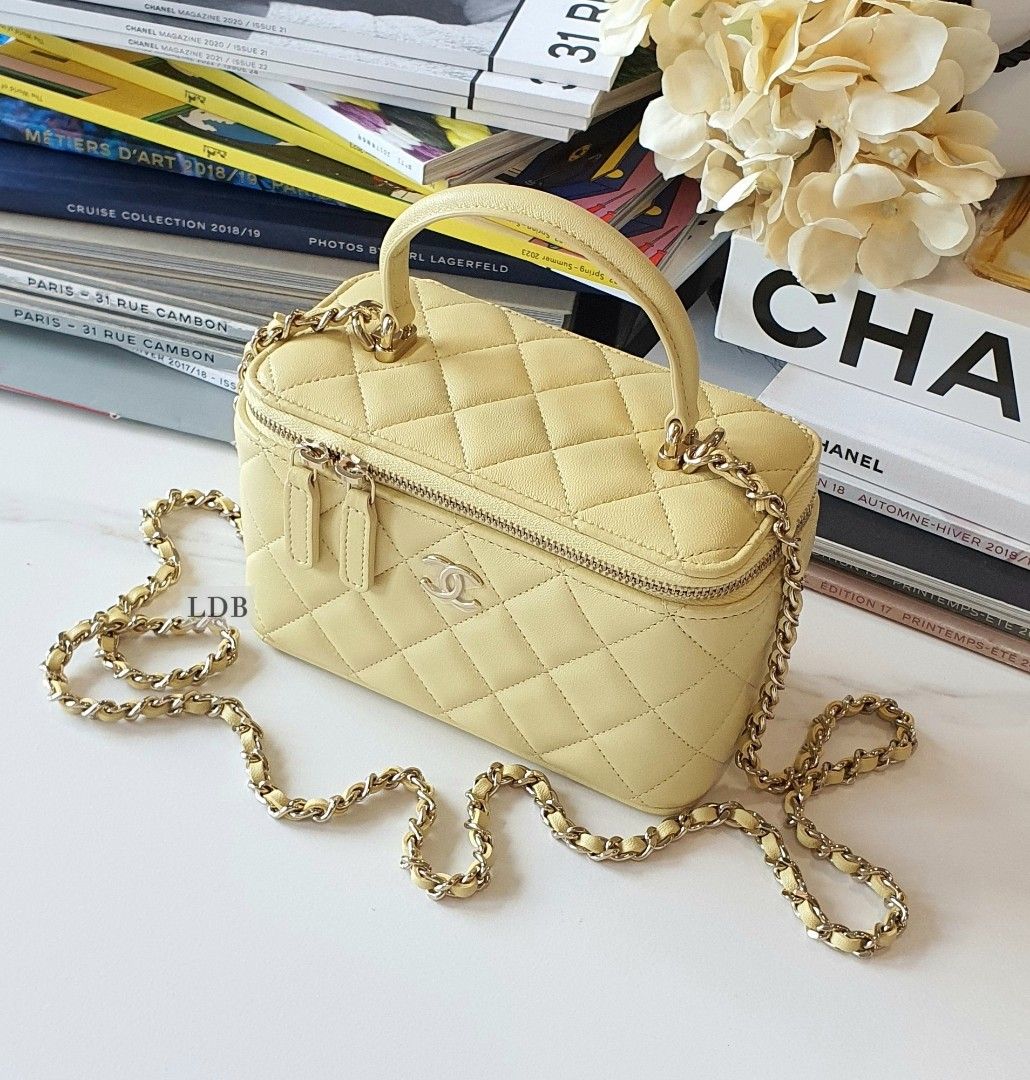 Chanel Vanity Rectangular Top Handle Yellow Lambskin Gold Hardware