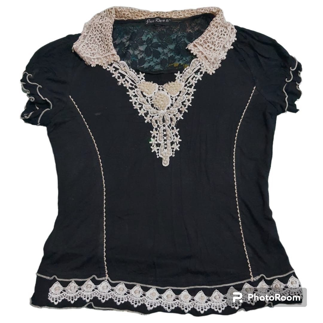 Baju Warna Hitam Kerah Broken White Mote-Mote, Fesyen Wanita, Pakaian