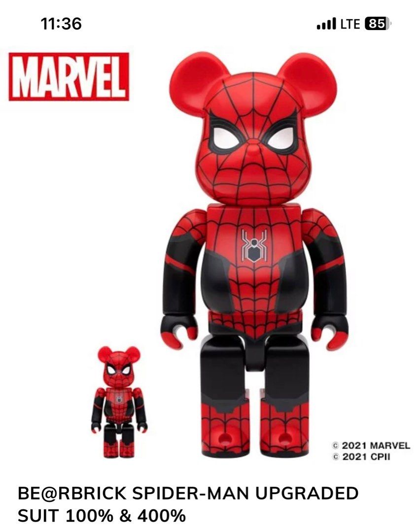 Bearbrick Spiderman Upgraded Suit 400+100, 興趣及遊戲, 玩具& 遊戲