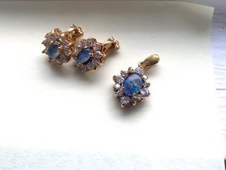 Blue Opal Clip on Earrings and Pendant Set