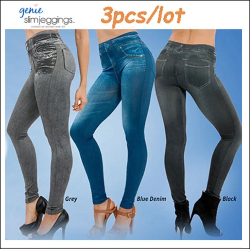 BNIB Genie Slim Jeggings Box of 3 Black Gray Demin Blue with