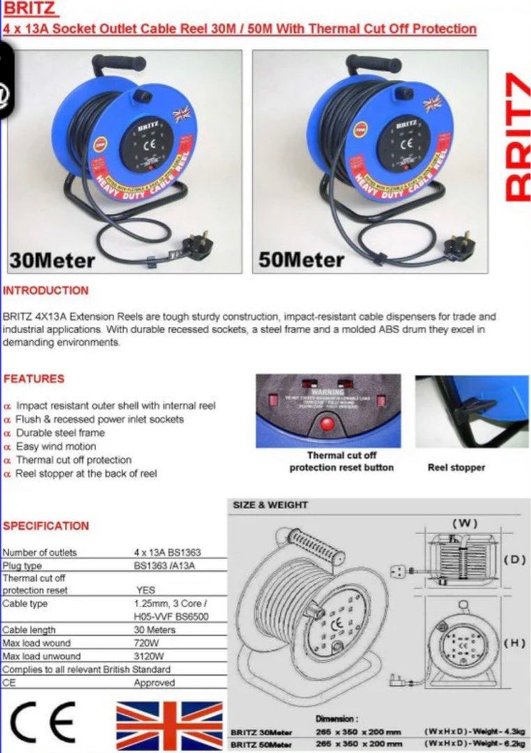 Britz Cable Reel Extension 50m, TV & Home Appliances, Electrical, Adaptors  & Sockets on Carousell