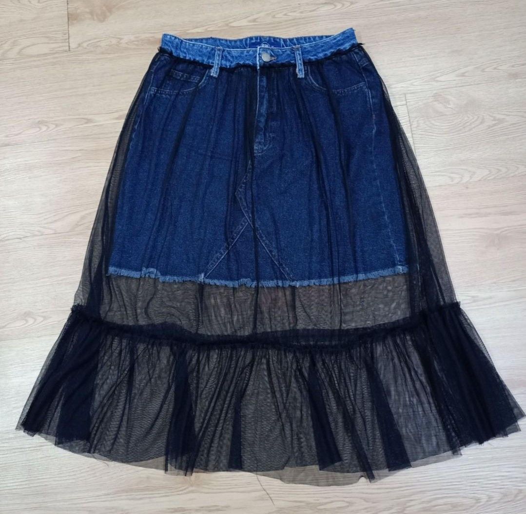 Denim skirt with mesh overlay sale