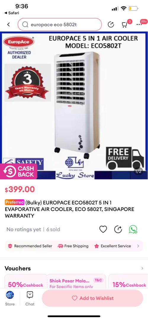 Bulky EUROPACE ECO5802T 5 IN 1 EVAPORATIVE AIR COOLER TV Home