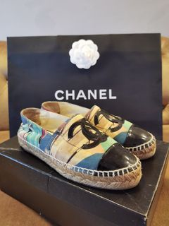 Chanel Beige/Black Canvas Stitched Espadrilles Shoes Size 35