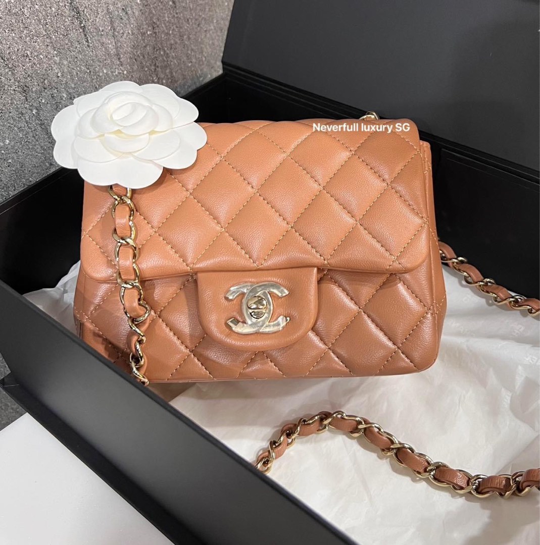 SOLD) BNIB 21P Chanel Mini Square Caramel/Gold LGHW, Luxury, Bags & Wallets  on Carousell