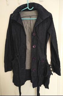 Classic high collar dark wash belted denim jacket M