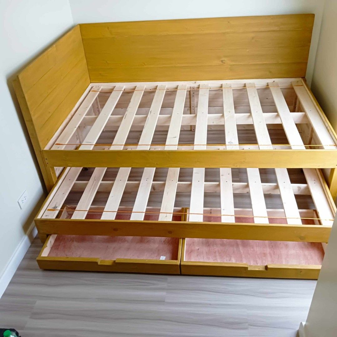 DAY BED DOUBLE SIZE WITH SINGLE PULL OUT BED WITH DRAWER (Category: Bed Frames & Mattresses) located in General Trias. Submitted by jameswoodlike (Listing ID 1242610654, Image 3). Description: made to order imus cavite loc. direct manufacturer made of Canadian pine solid wood.