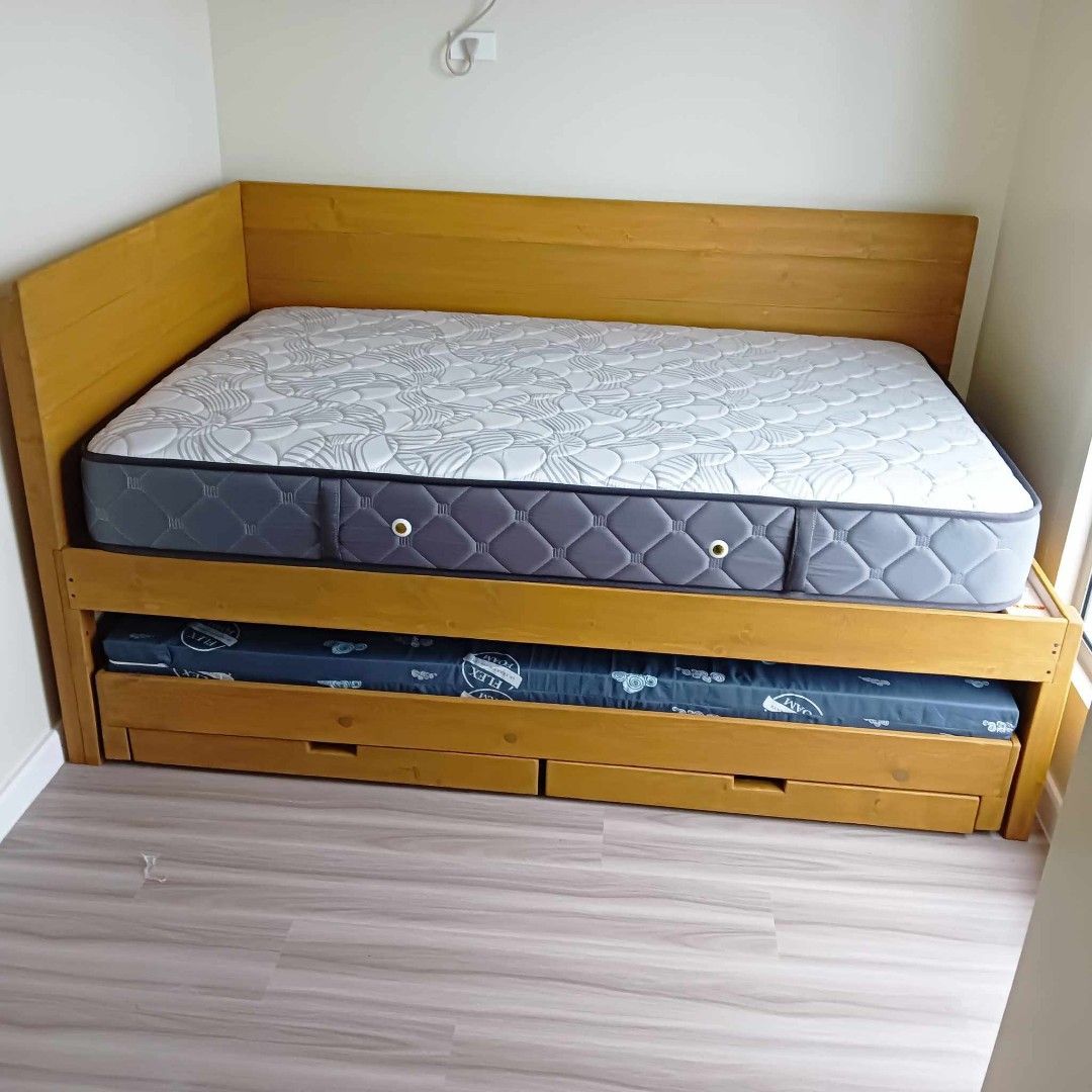 DAY BED DOUBLE SIZE WITH SINGLE PULL OUT BED WITH DRAWER (Category: Bed Frames & Mattresses) located in General Trias. Submitted by jameswoodlike (Listing ID 1242610654, Image 1). Description: made to order imus cavite loc. direct manufacturer made of Canadian pine solid wood.