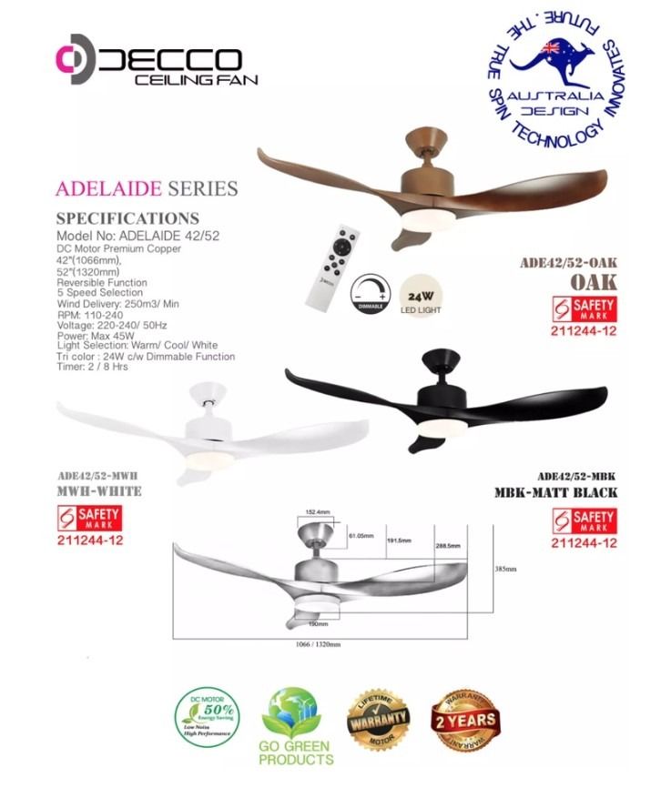 DECCO DC MOTOR CEILING FAN w LED ADELAIDE SERIES, Furniture & Home