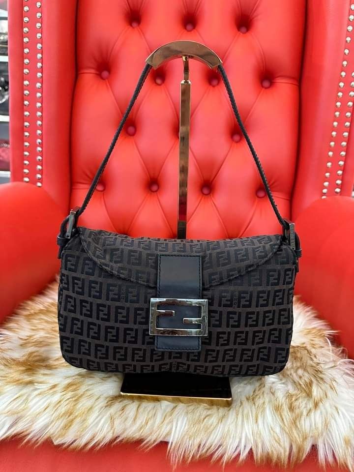 Fendi Zucchino Baguette Bag - Black Shoulder Bags, Handbags - FEN286136