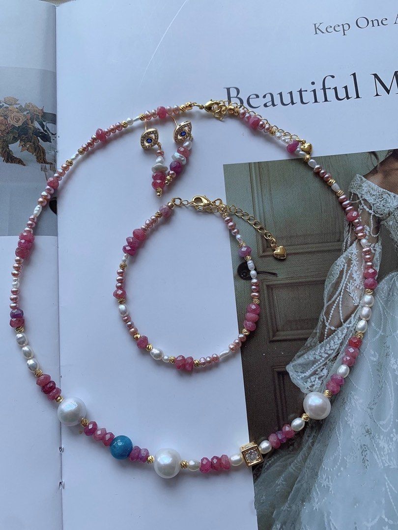 Freshwater Pearl Necklace Bracelet Earrings Set Tourmaline