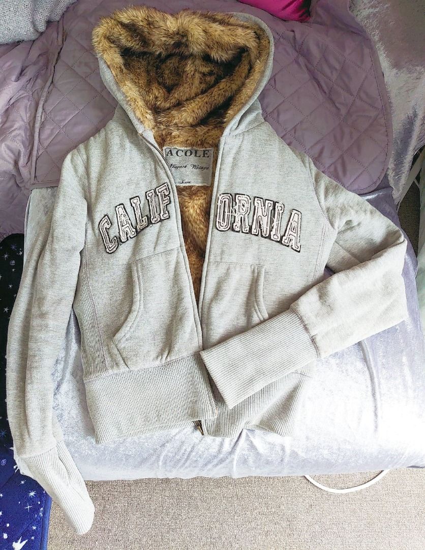 Grey fluffy zip up jacket best sale