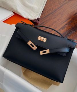 Hermes Noir Black Swift GHW Kelly Pochette Clutch Bag Handbag