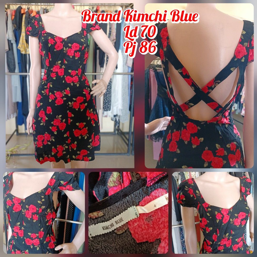 Kimchi Blue Dress Flowers Red Fesyen Wanita Pakaian Wanita Gaun
