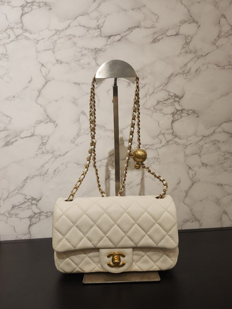 Chanel White Pearl Crush Rectangular Mini Classic Flap Bag Antique