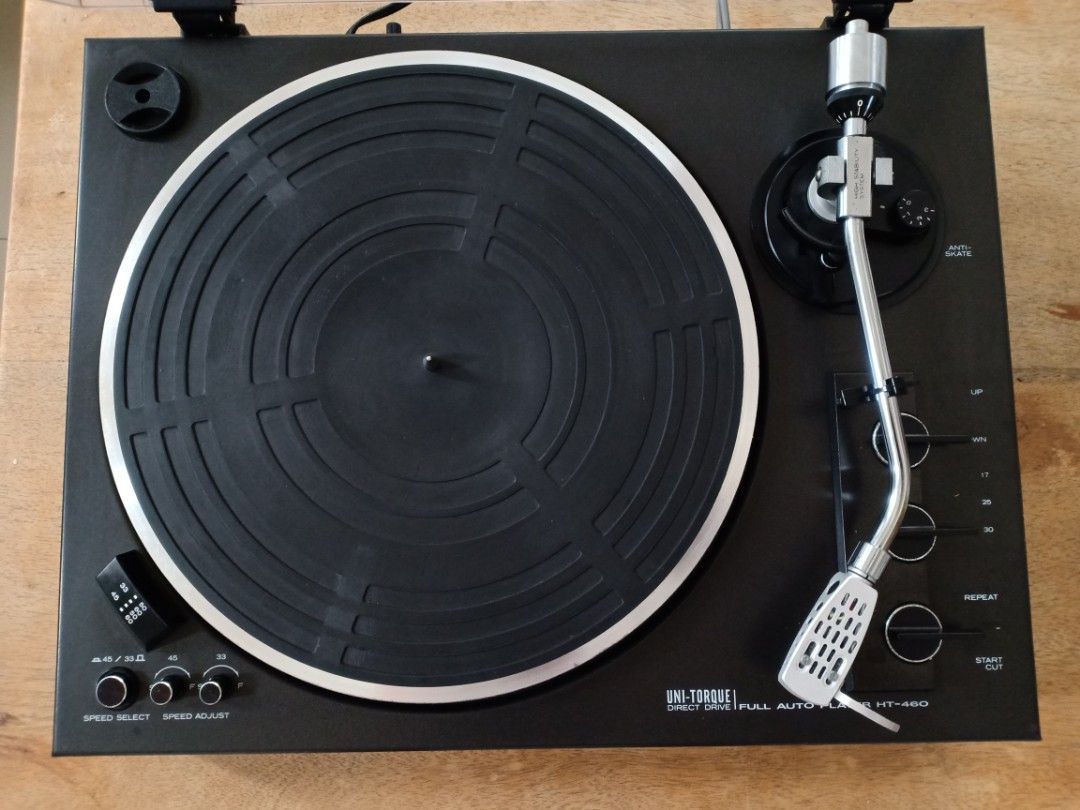 Lo-D Hitachi Model HT-460 Turntable (Category: Portable Music Players) located in Binangonan. Submitted by stufflikedat (Listing ID 1242657755, Image 1). Description: Pre-loved Lo-D Hitachi Model HT-460 fully automatic direct drive turntable, complete with Audio Technica cart stylus set up and extra Lo-D headshell and carthridge bundle but no stylus, solid heavy built, some scratches on the cover but overall in excellent cosmetic & working condit