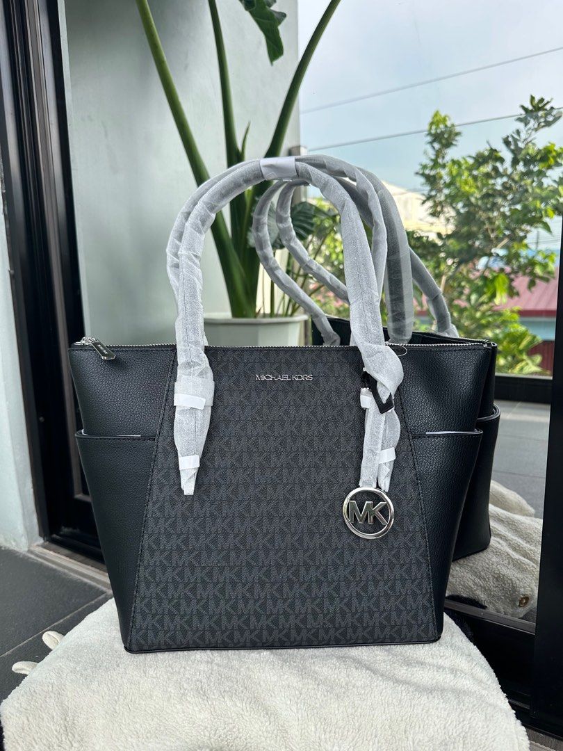 Michael Kors Charlotte Black PVC Leather Large Top Zip Tote Handbag Ba