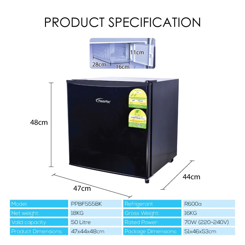 Mini Fridge 50L with freezer compartment and lock (Black), TV & Home