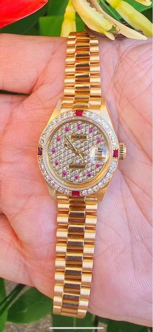 Rolex 1983 Lady President 26mm (Category: Luxury Watches) located in Pasig City. Submitted by Watchaholics (Listing ID 1242670570, Image 1). Description: Rolex 1983 Lady President 26mm Reference 69178 Year 1983 Studded Diamond in and out 18k HK Diamond & Ruby Dial 18k HK Diamond & Ruby Bezel 18k Yellow Gold Watch only (no card) Condition 9.5/10 Inclusions: Original Rolex Box Original Rolex Paper Bag Rolex Red Hang Tag Rolex Red Card Holder Acryli