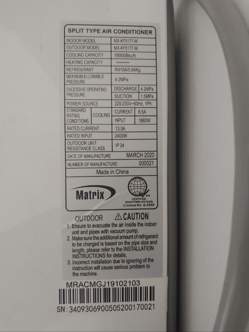 2HP Split Type Aircon Matrix Air Conditioner MX-KF5177-M (Category: Air Conditioning and Heating) located in Angeles City. Submitted by vann1998 (Listing ID 1242542300, Image 2). Description: MX-KF5177 Matrix 2HP Wall Mounted Split Type Capacity: 2HP Power Supply: 220,230,60,1 V, Hz, Ph Cooling Capacity: 18,000 Btu/h Cooling Input: 1880 W Cooling Current: 8.5A EER: 10.12 No history of Repair No Issue.