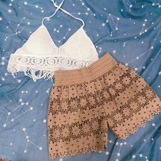 TAKE BOTH Summer Beach Outfit - Crochet Boho White BraBralette Brown Tan Shorts Embroidered Knitted