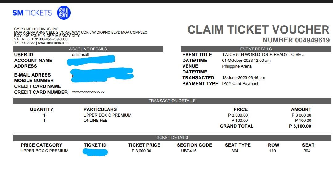 Twice Concert Day 2 ticket (Category: Events Tickets) located in Makati City. Submitted by justinmenazareno (Listing ID 1242672058, Image 1). Description: super sale. originally bought 3100 plus claiming expense🤧 for meet up. makati, moa or megamall.