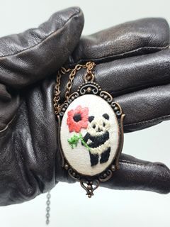 Victorian-Inspired Hand-Embroidered Pendant Panda Flower