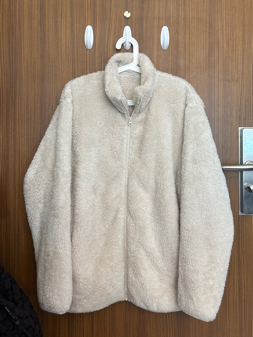 UNIQLO Men Women Off White Fleece Zip Up Jacket Japan Size M Unisex Fluffy