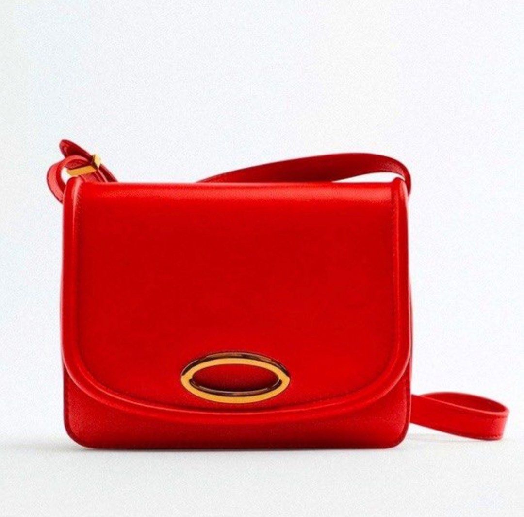 ZARA red leather crossbody bag with gold metal piece