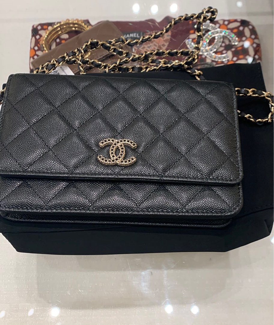 BINB Chanel Bag - Wallet on Chain in Shiny Grained Calfskin, Strass & Gold- tone metal, black, Luxury, Bags & Wallets on Carousell