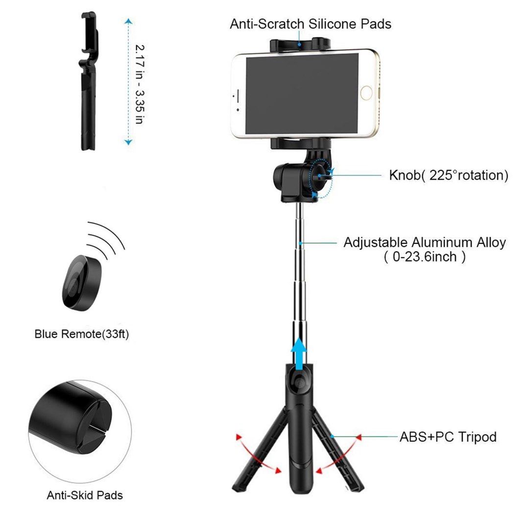 Bluetooth Selfie Stick and tripod in one extendable with Wireless Remote Control Shutter (Category: Tripods & Monopods) located in Rizal. Submitted by czarinashop (Listing ID 1242832999, Image 3). Description: Bluetooth selfie stick and tripod in one with remote control shutter for Iphone / Android Phone Compact design, 18.6cm after folding so very convenient to carry Extendable selfie stick can be stretched from 19cm to 80cm.
