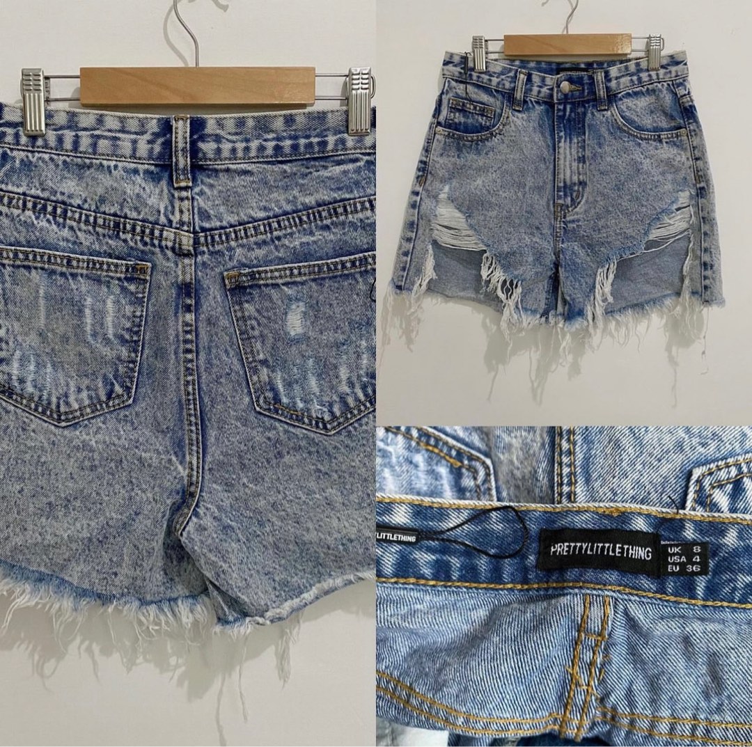 Bnwot Pretty Little Thing Washed Ripped Denim Shorts, Women'S Fashion,  Bottoms, Shorts On Carousell