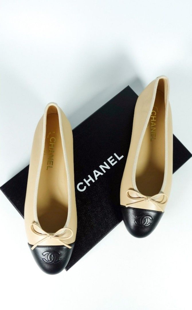 Brand New Chanel Ballerina Beige Black Cap Toe Flats (Size 39 EUR, 26cm),  Luxury, Sneakers & Footwear on Carousell