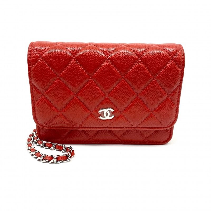 Chanel Mini Wallet on Chain Caviar leather in red and silver