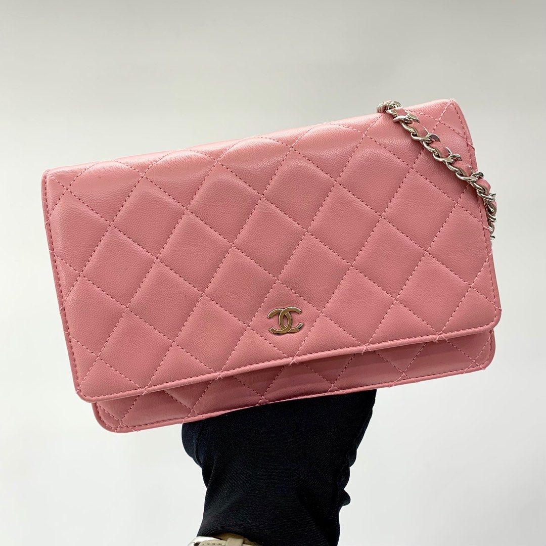[DISCOUNTED] CHANEL NO.14 A33814 MATELASSE PINK LAMBSKIN WALLET ON CHAIN  SHOULDER BAG 237021983 ;